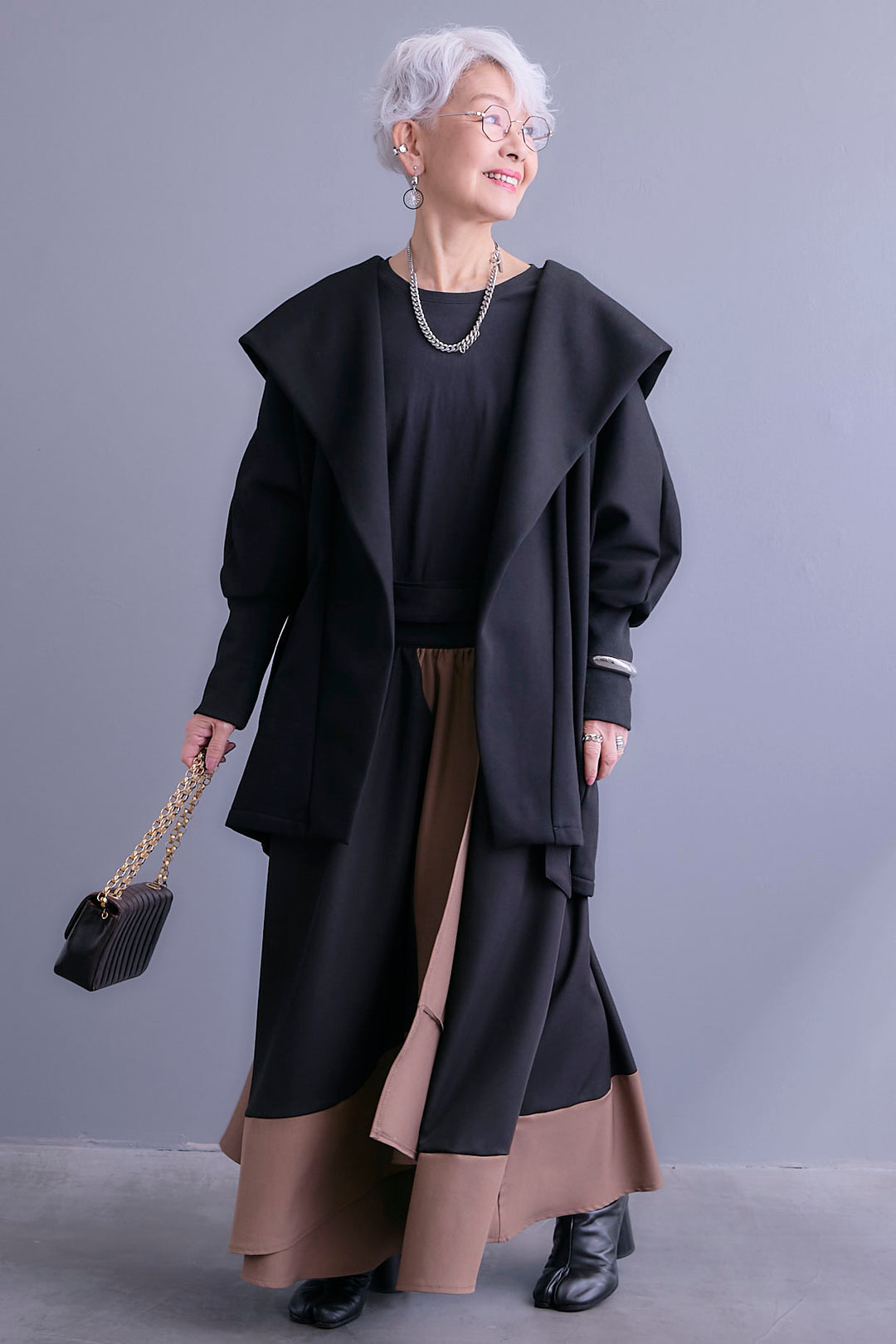 【SET】裏起毛ドルマンガウン+ツートーンアシメラップフレアスカート(2set)