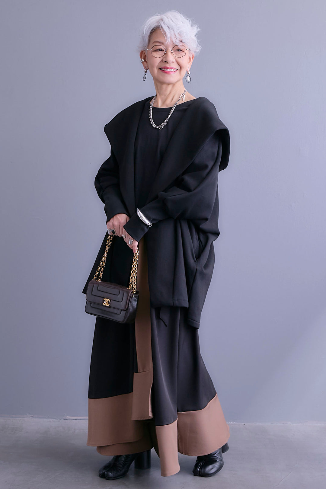 【SET】裏起毛ドルマンガウン+ツートーンアシメラップフレアスカート(2set)