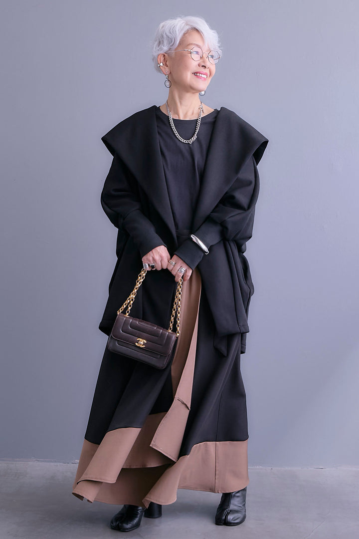 【SET】裏起毛ドルマンガウン+ツートーンアシメラップフレアスカート(2set)