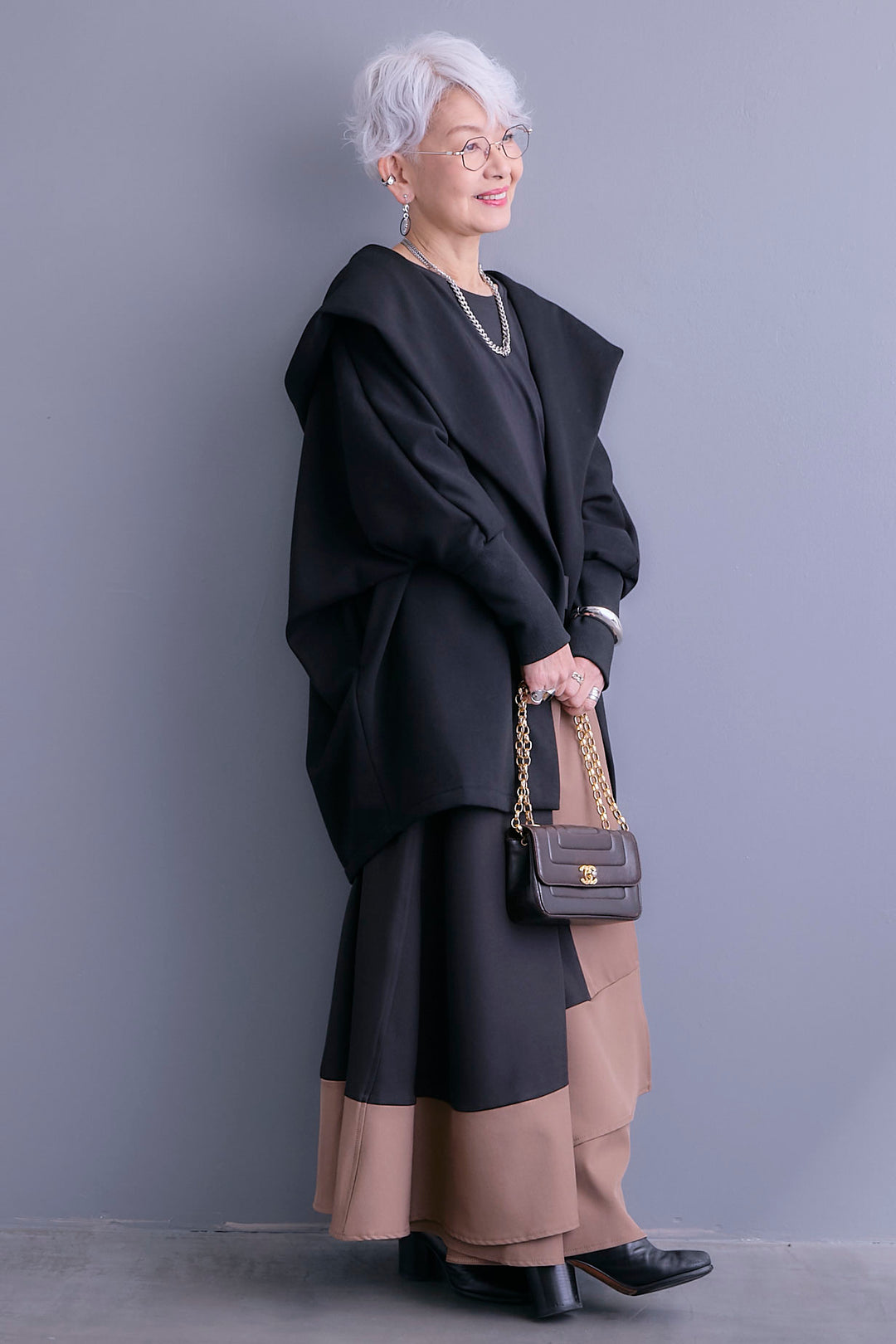 【SET】裏起毛ドルマンガウン+ツートーンアシメラップフレアスカート(2set)