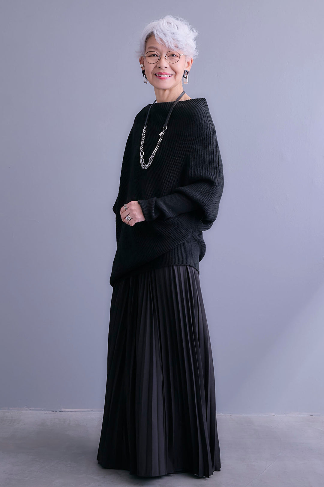 【SET】アシンメトリーボートネックドルマンニット+ルーズロングプリーツスカート(2set)