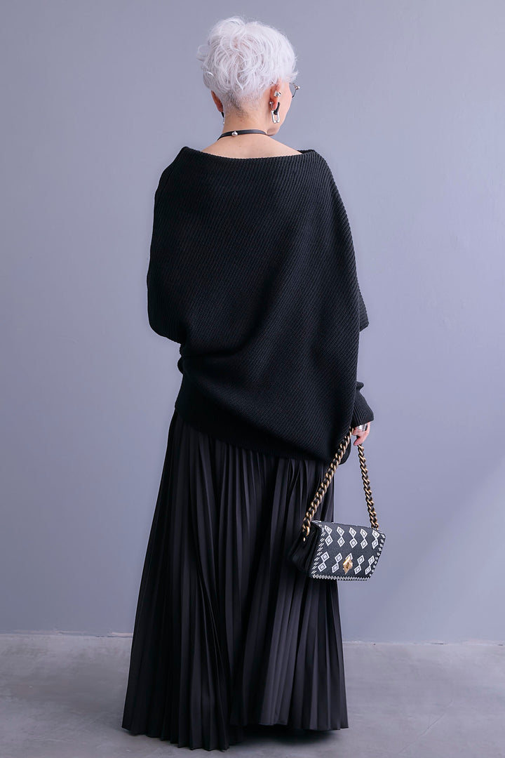 【SET】アシンメトリーボートネックドルマンニット+ルーズロングプリーツスカート(2set)