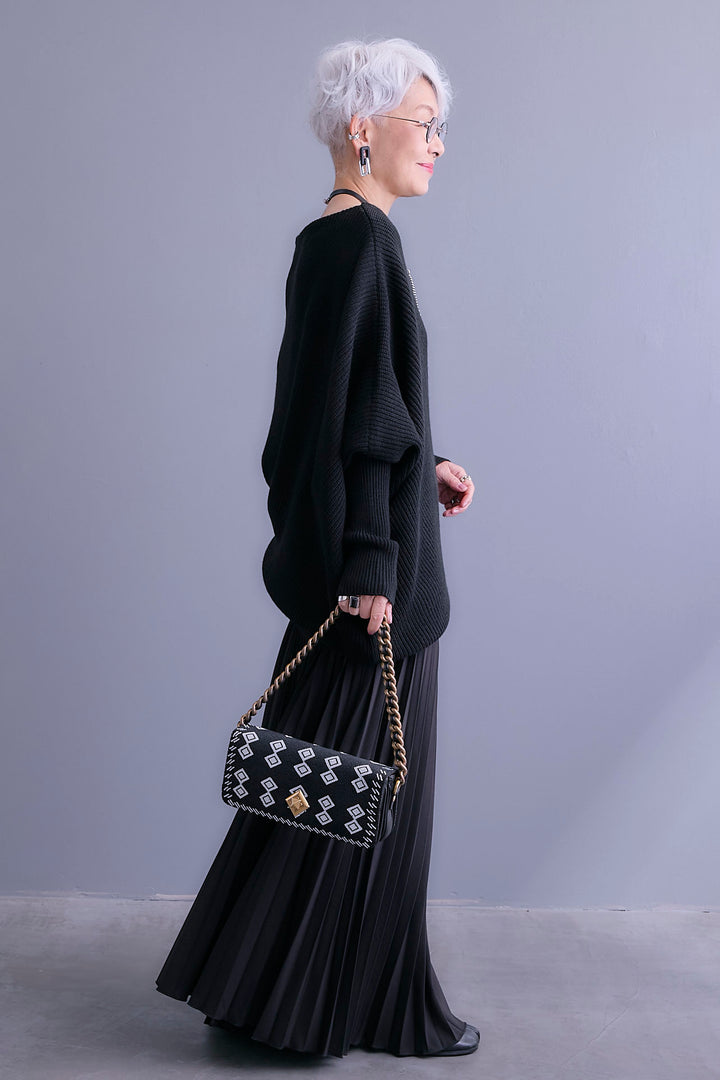 【SET】アシンメトリーボートネックドルマンニット+ルーズロングプリーツスカート(2set)