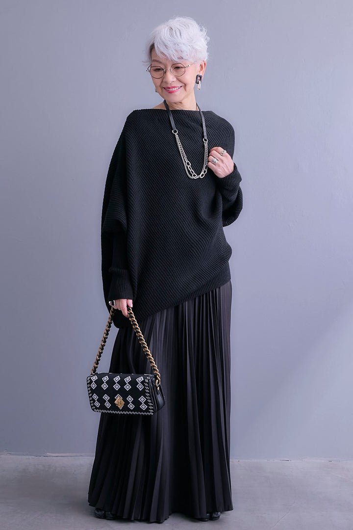 【SET】アシンメトリーボートネックドルマンニット+ルーズロングプリーツスカート(2set)