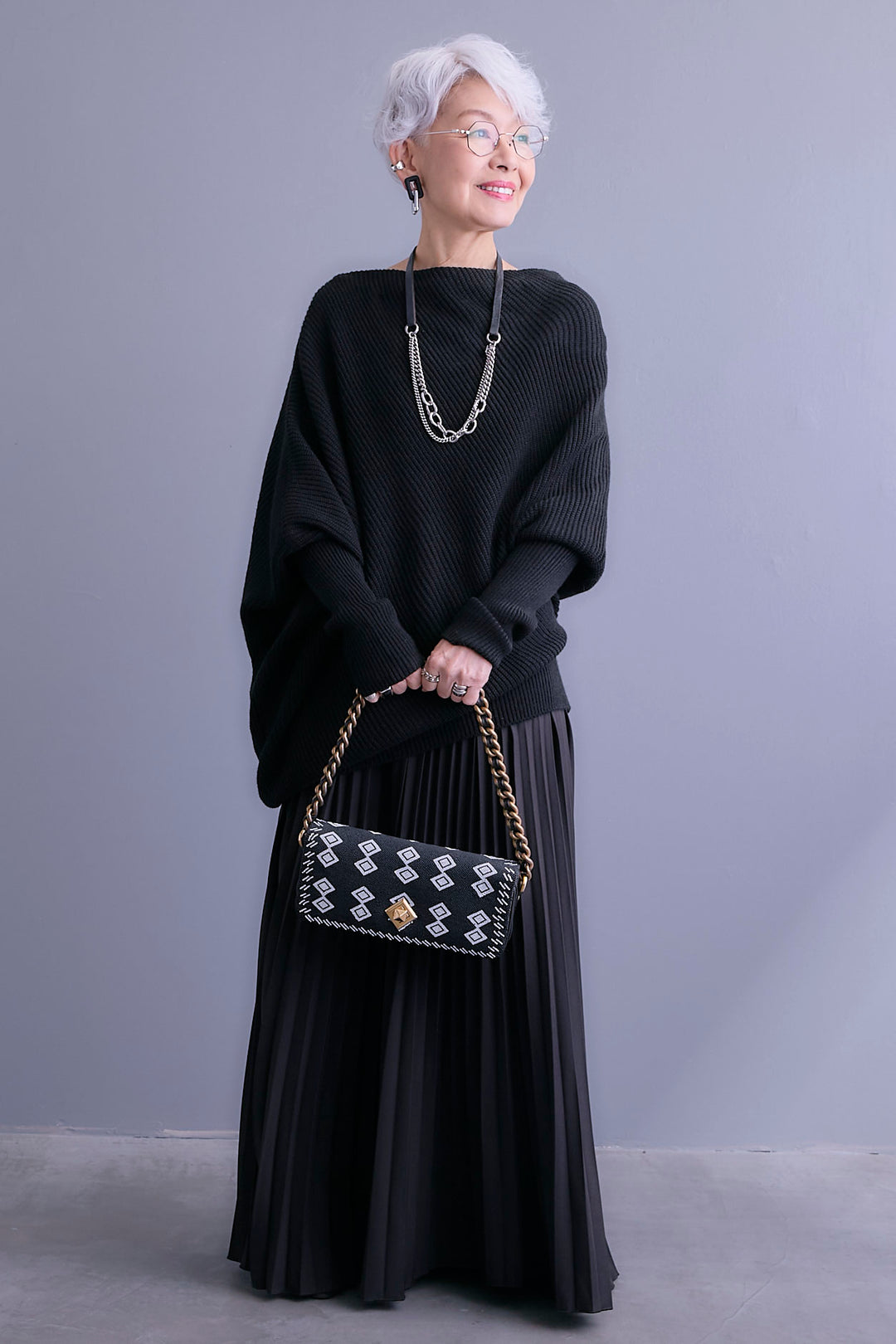 【SET】アシンメトリーボートネックドルマンニット+ルーズロングプリーツスカート(2set)