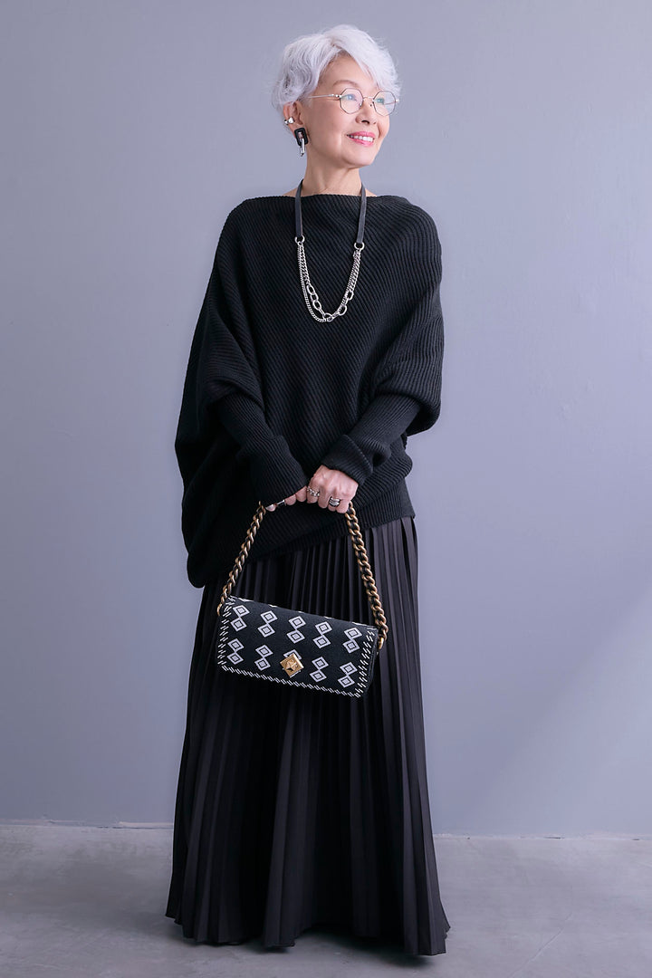 【SET】アシンメトリーボートネックドルマンニット+ルーズロングプリーツスカート(2set)