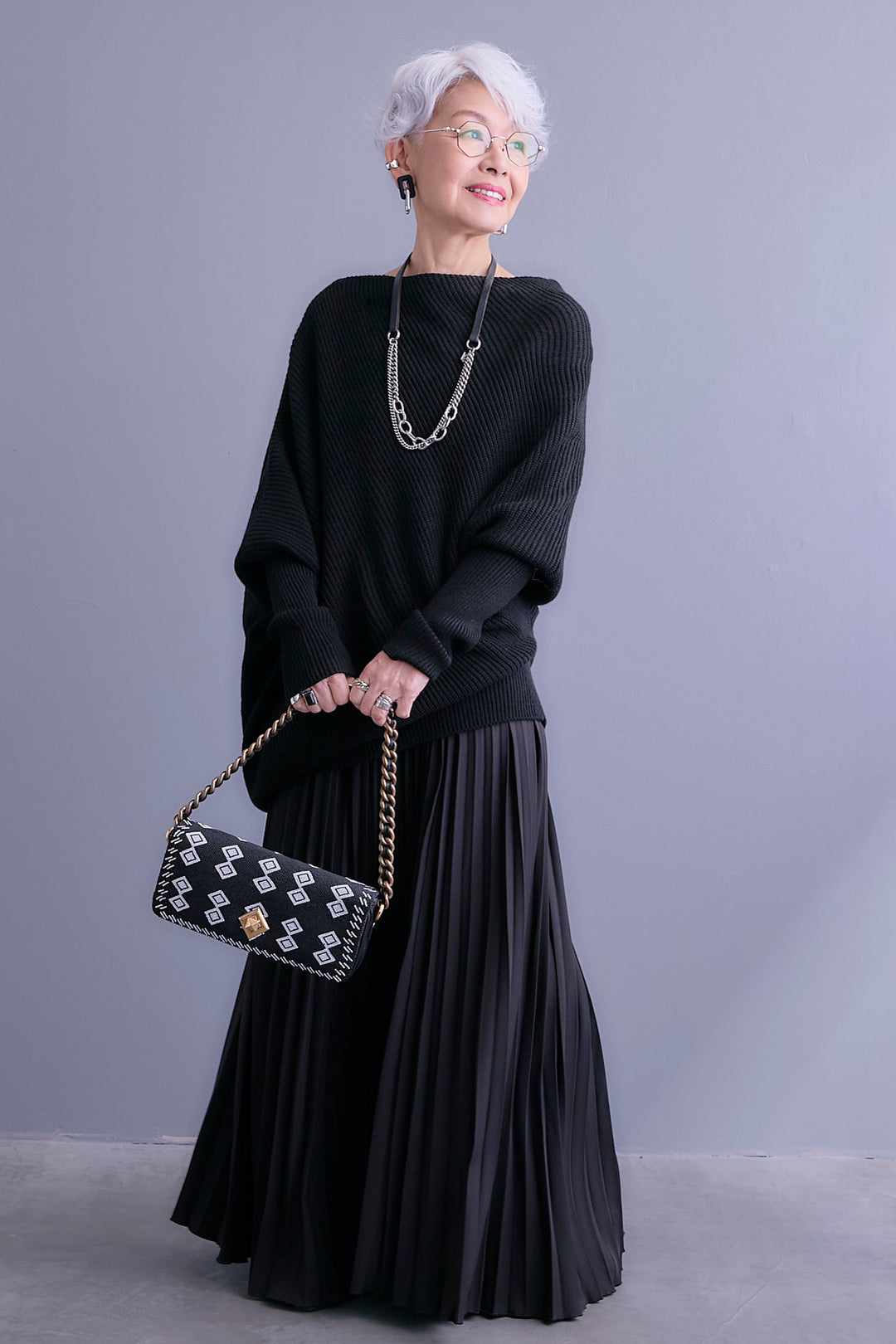 【SET】アシンメトリーボートネックドルマンニット+ルーズロングプリーツスカート(2set)