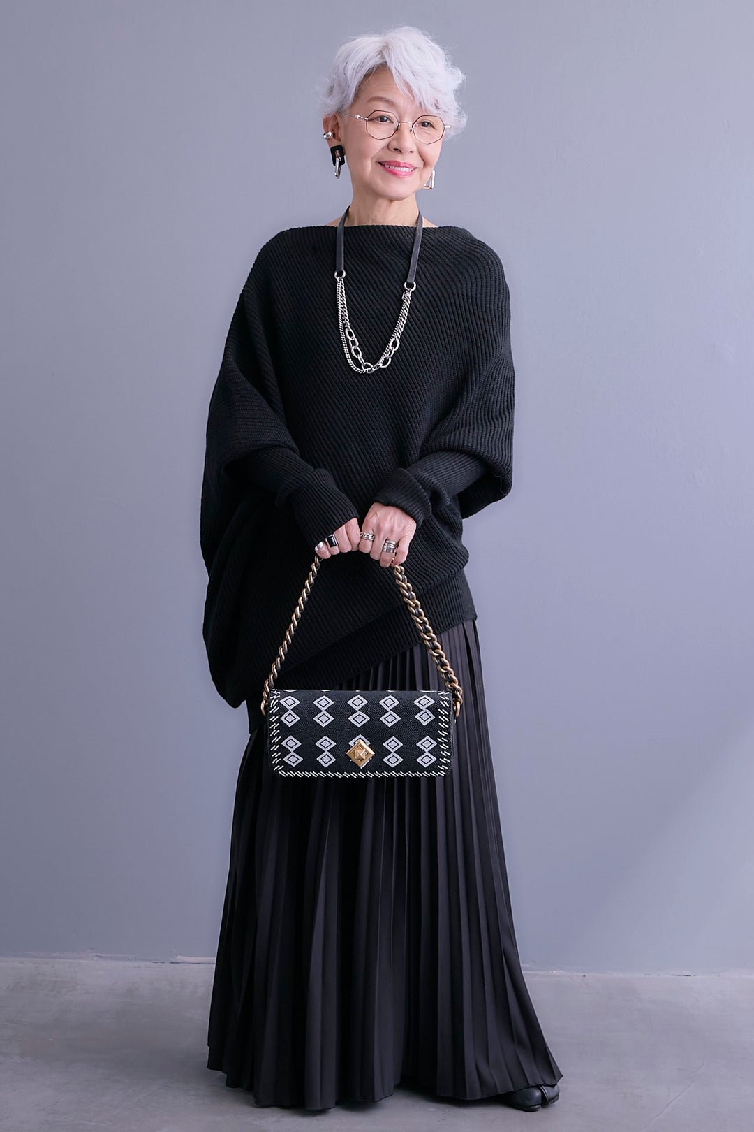 【SET】アシンメトリーボートネックドルマンニット+ルーズロングプリーツスカート(2set)