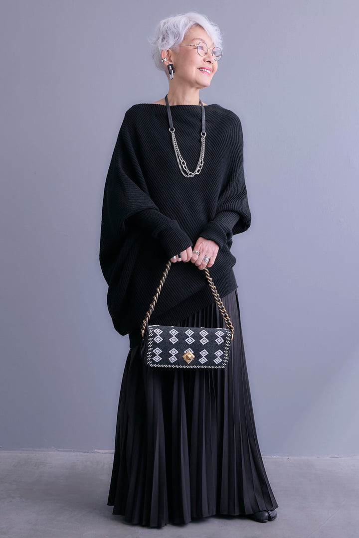 【SET】アシンメトリーボートネックドルマンニット+ルーズロングプリーツスカート(2set)