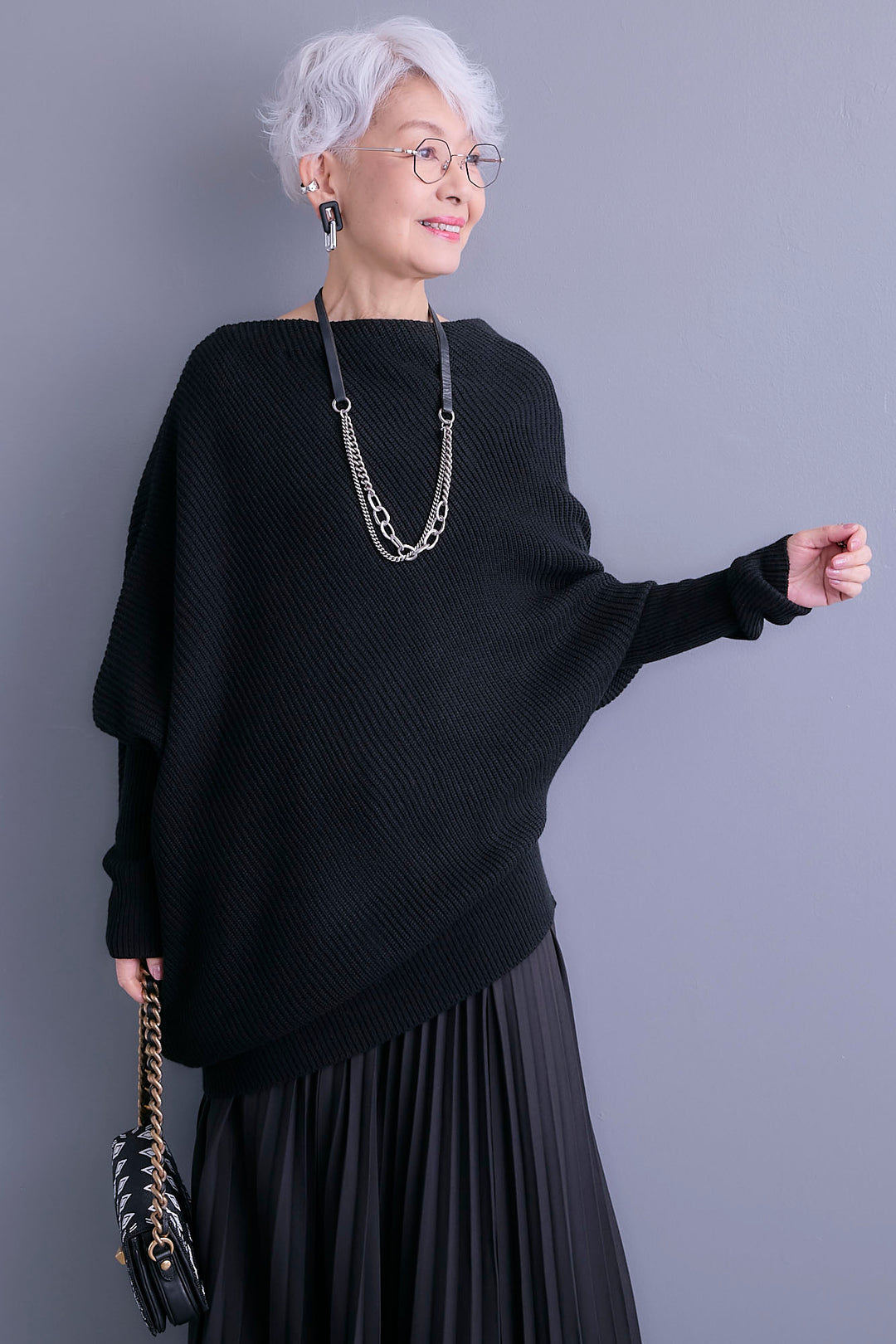 【SET】アシンメトリーボートネックドルマンニット+ルーズロングプリーツスカート(2set)