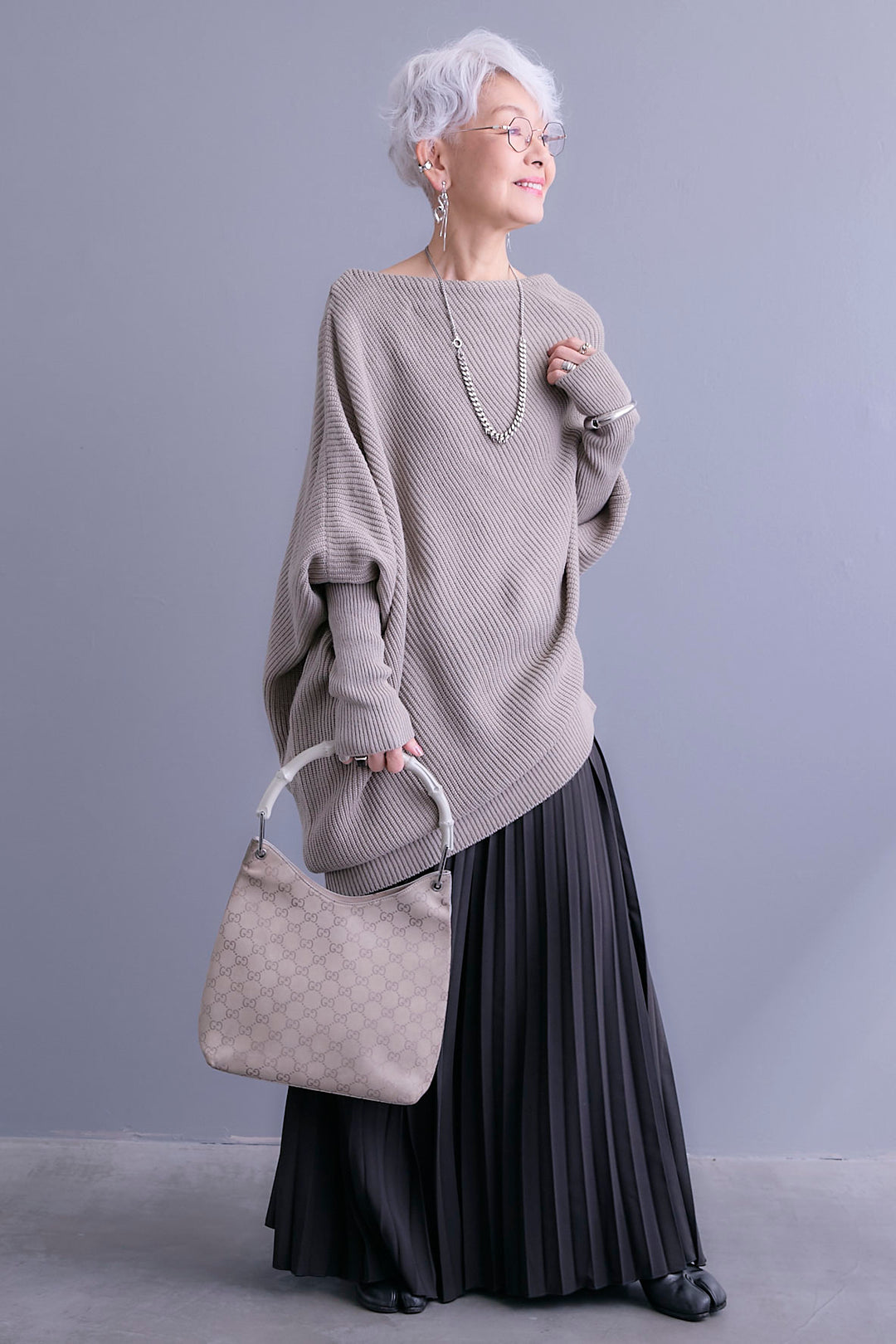 【SET】アシンメトリーボートネックドルマンニット+ルーズロングプリーツスカート(2set)