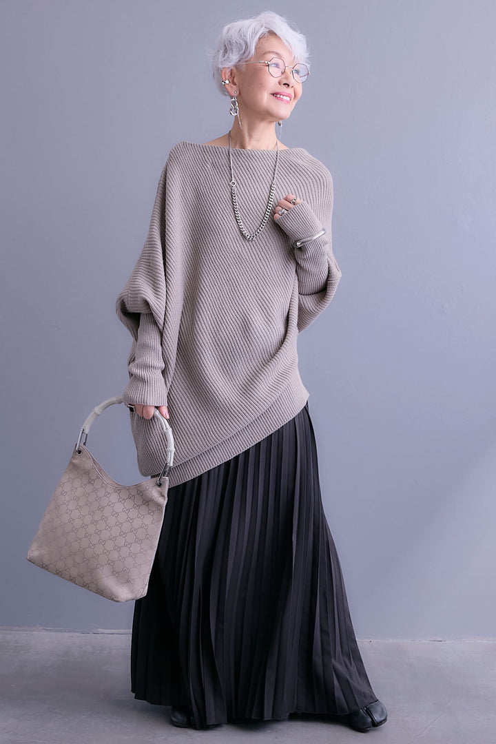 【SET】アシンメトリーボートネックドルマンニット+ルーズロングプリーツスカート(2set)