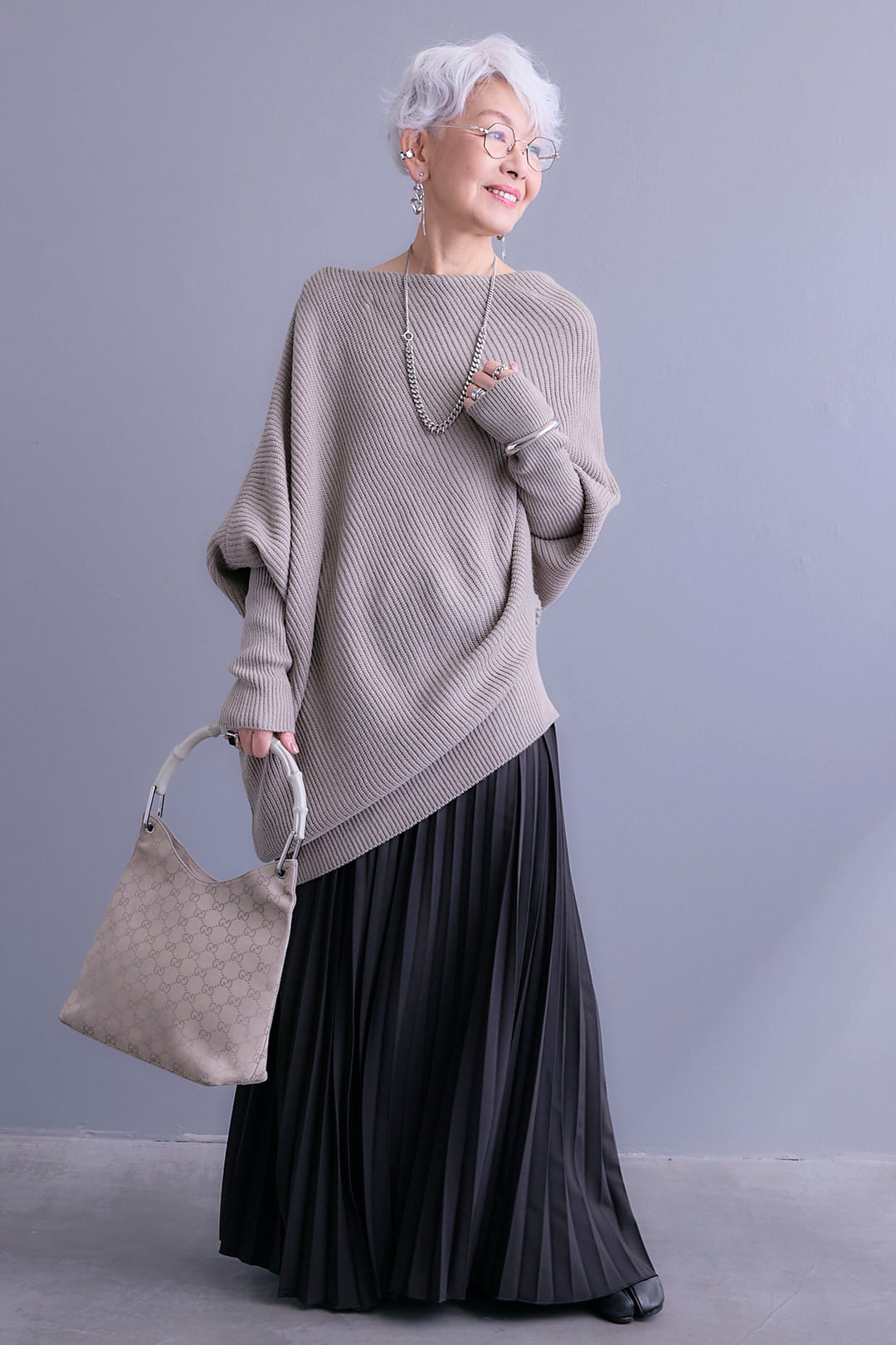 【SET】アシンメトリーボートネックドルマンニット+ルーズロングプリーツスカート(2set)