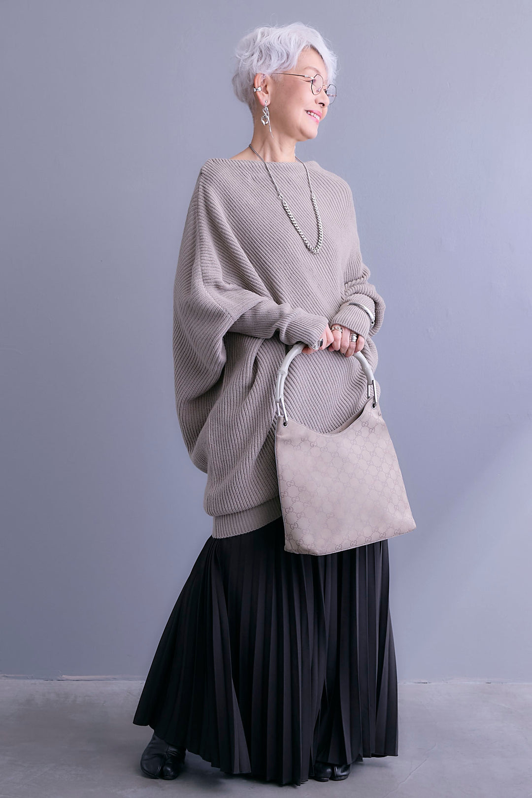 【SET】アシンメトリーボートネックドルマンニット+ルーズロングプリーツスカート(2set)