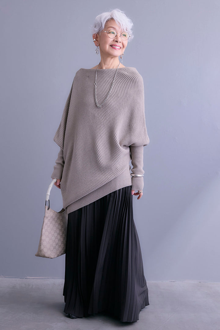【SET】アシンメトリーボートネックドルマンニット+ルーズロングプリーツスカート(2set)