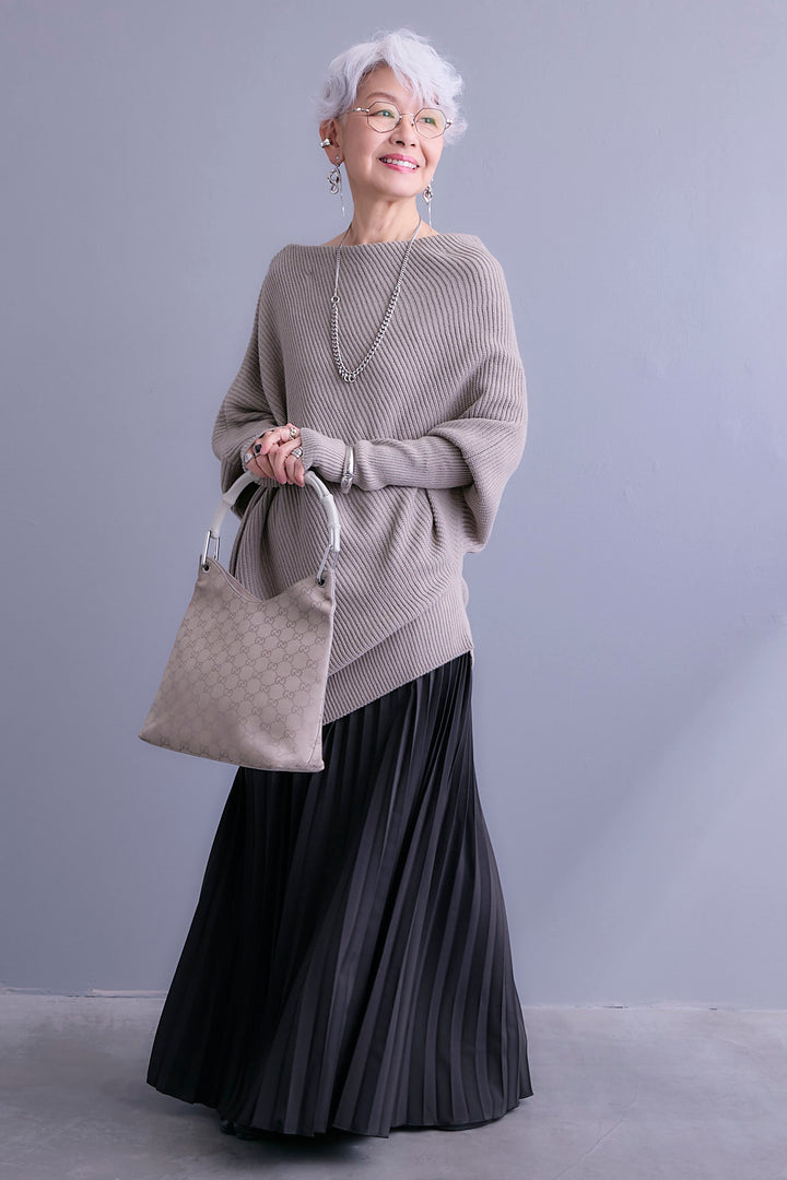 【SET】アシンメトリーボートネックドルマンニット+ルーズロングプリーツスカート(2set)