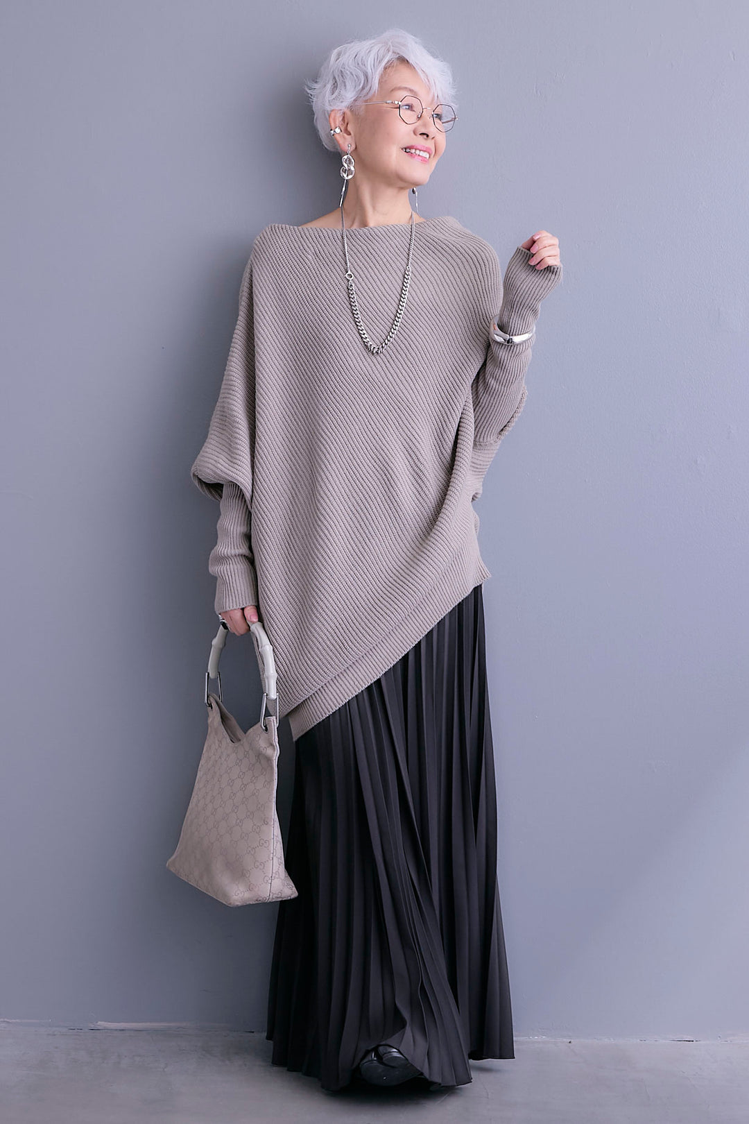 【SET】アシンメトリーボートネックドルマンニット+ルーズロングプリーツスカート(2set)