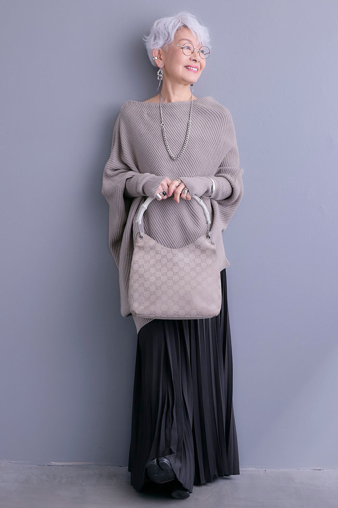 【SET】アシンメトリーボートネックドルマンニット+ルーズロングプリーツスカート(2set)