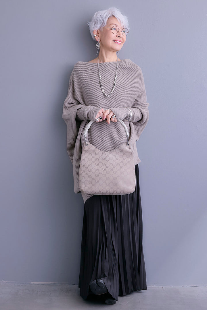 【SET】アシンメトリーボートネックドルマンニット+ルーズロングプリーツスカート(2set)