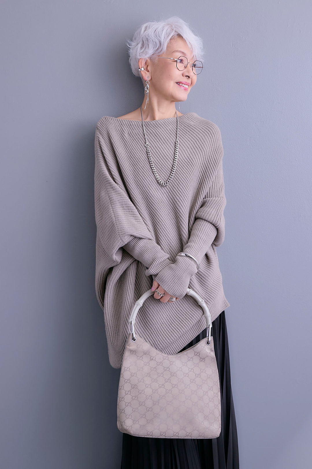 【SET】アシンメトリーボートネックドルマンニット+ルーズロングプリーツスカート(2set)