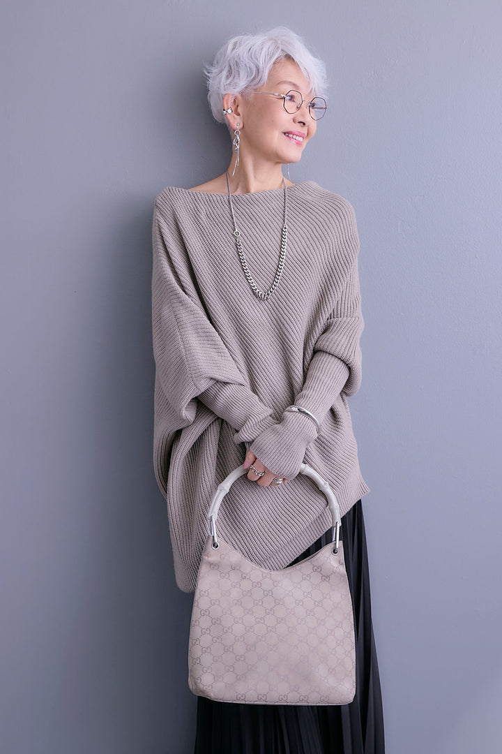 【SET】アシンメトリーボートネックドルマンニット+ルーズロングプリーツスカート(2set)