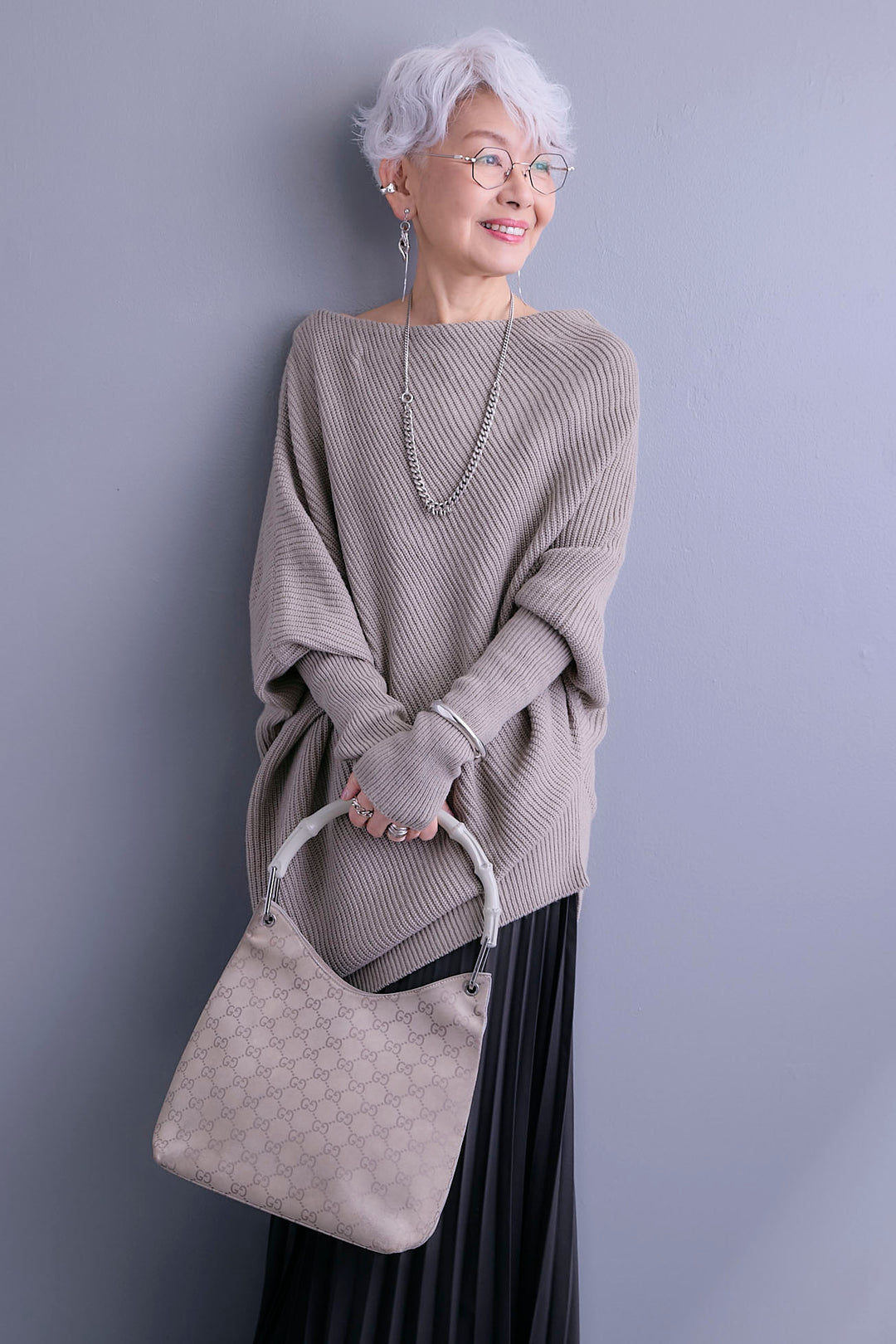 【SET】アシンメトリーボートネックドルマンニット+ルーズロングプリーツスカート(2set)