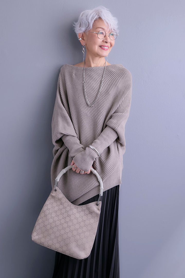 【SET】アシンメトリーボートネックドルマンニット+ルーズロングプリーツスカート(2set)