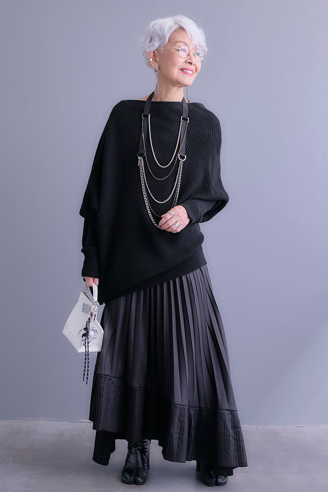 【SET】アシンメトリーボートネックドルマンニット+アシンメトリープリーツスカート(2set)