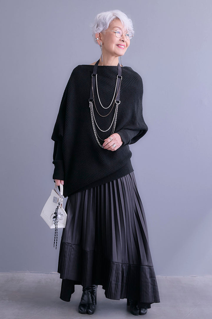 【SET】アシンメトリーボートネックドルマンニット+アシンメトリープリーツスカート(2set)