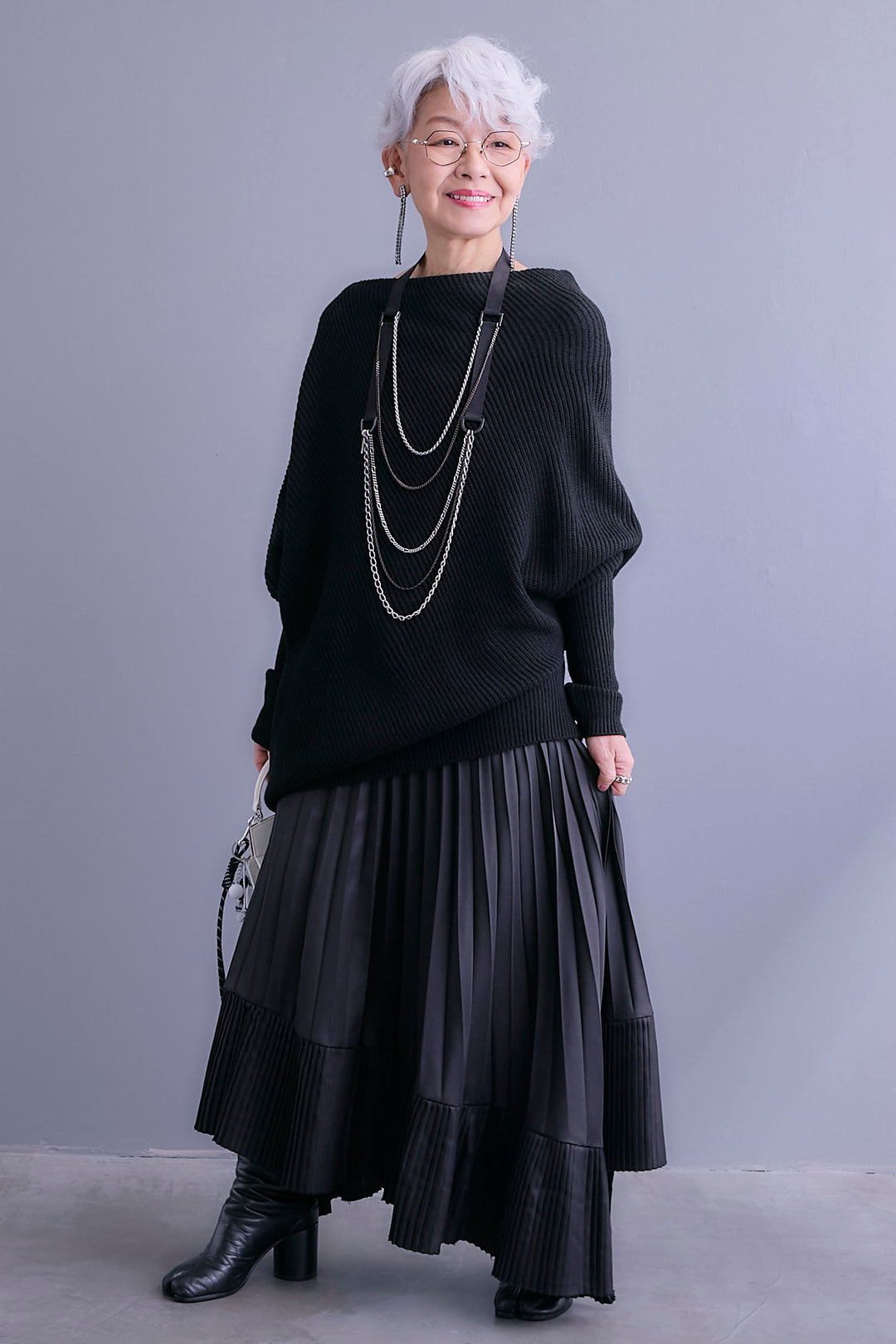 【SET】アシンメトリーボートネックドルマンニット+アシンメトリープリーツスカート(2set)