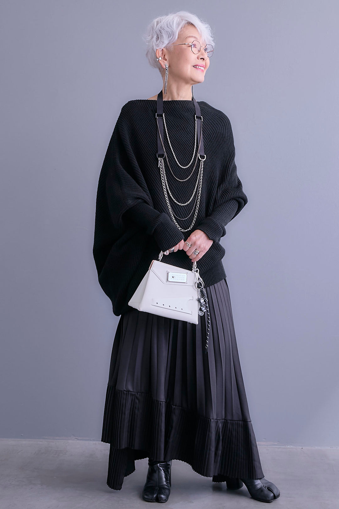 【SET】アシンメトリーボートネックドルマンニット+アシンメトリープリーツスカート(2set)