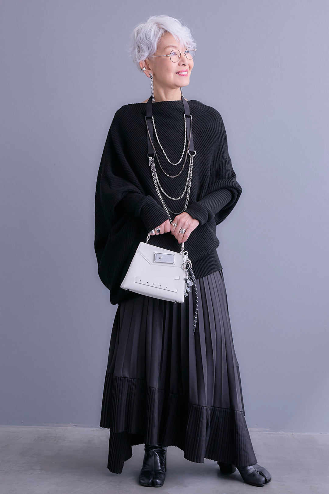 【SET】アシンメトリーボートネックドルマンニット+アシンメトリープリーツスカート(2set)