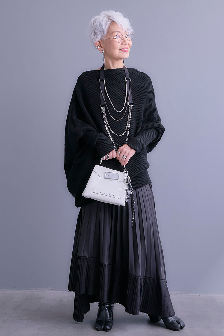 【SET】アシンメトリーボートネックドルマンニット+アシンメトリープリーツスカート(2set)