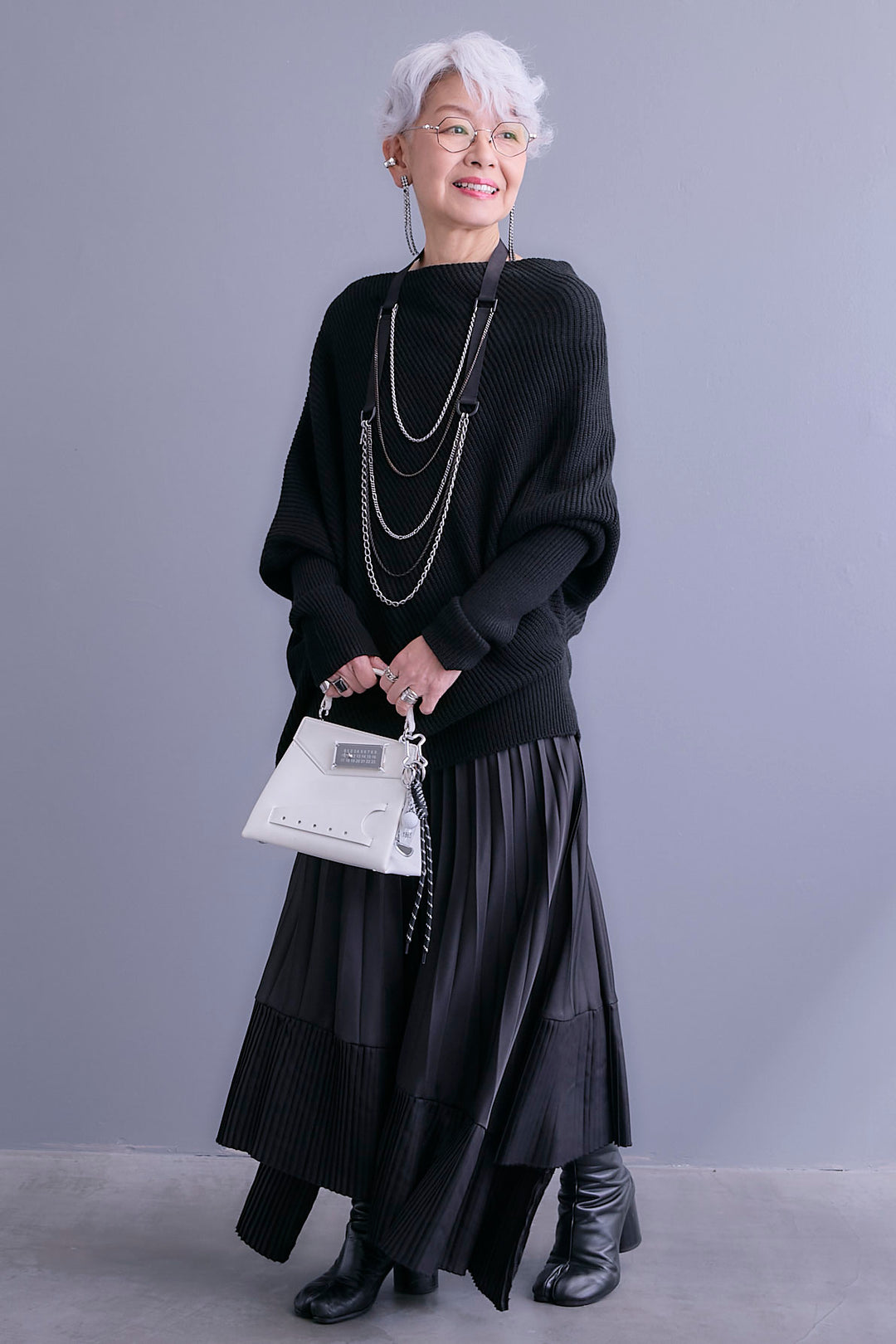 【SET】アシンメトリーボートネックドルマンニット+アシンメトリープリーツスカート(2set)