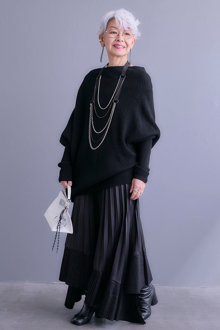 【SET】アシンメトリーボートネックドルマンニット+アシンメトリープリーツスカート(2set)