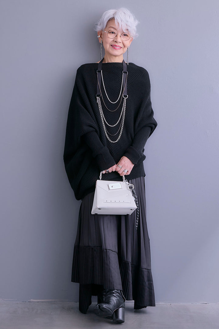 【SET】アシンメトリーボートネックドルマンニット+アシンメトリープリーツスカート(2set)