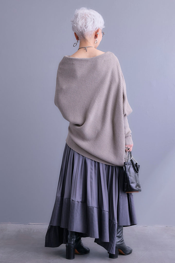 【SET】アシンメトリーボートネックドルマンニット+アシンメトリープリーツスカート(2set)