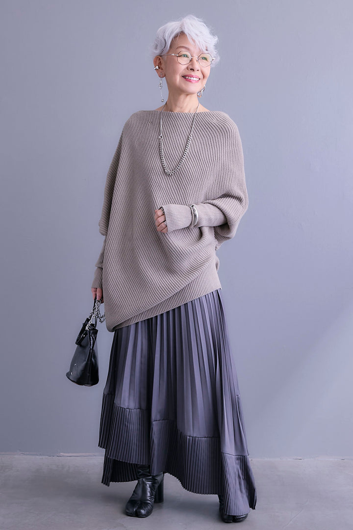 【SET】アシンメトリーボートネックドルマンニット+アシンメトリープリーツスカート(2set)