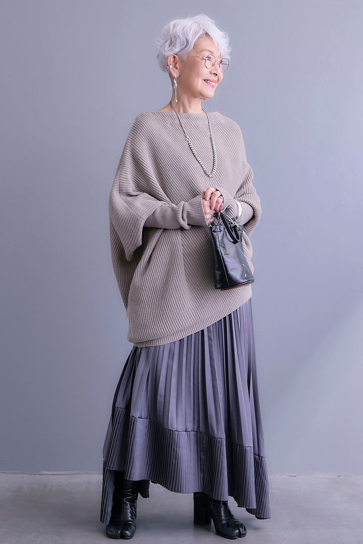 【SET】アシンメトリーボートネックドルマンニット+アシンメトリープリーツスカート(2set)