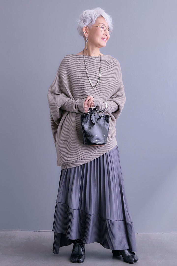 【SET】アシンメトリーボートネックドルマンニット+アシンメトリープリーツスカート(2set)