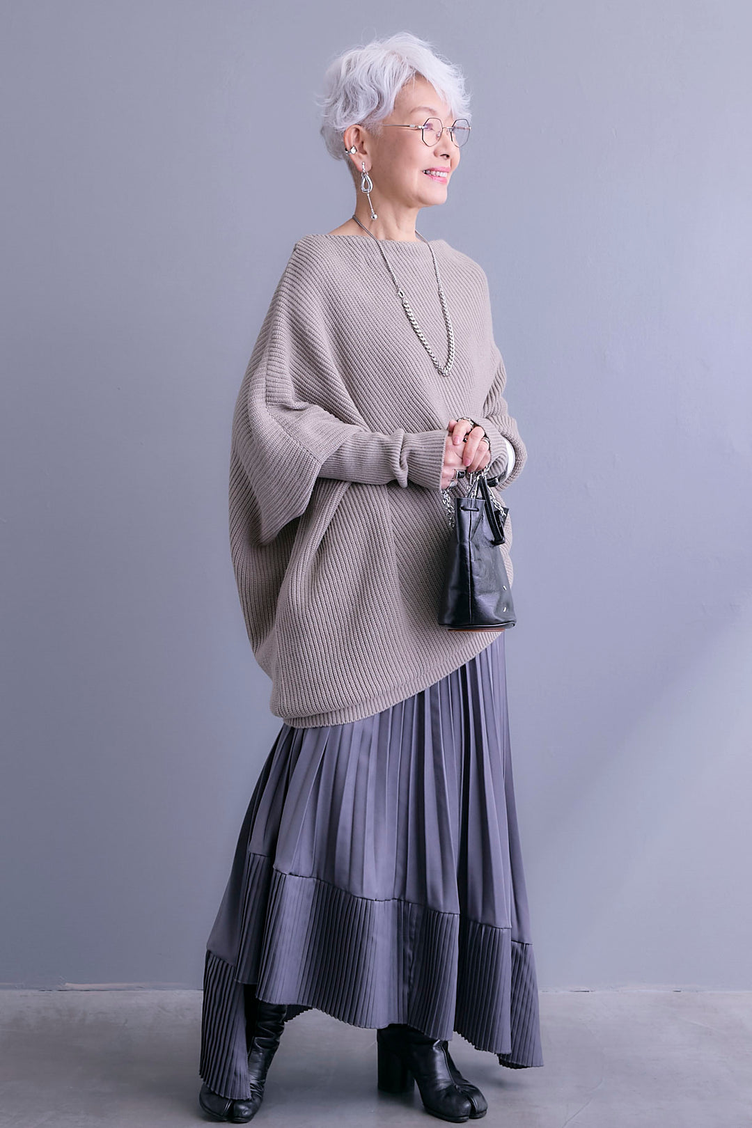 【SET】アシンメトリーボートネックドルマンニット+アシンメトリープリーツスカート(2set)