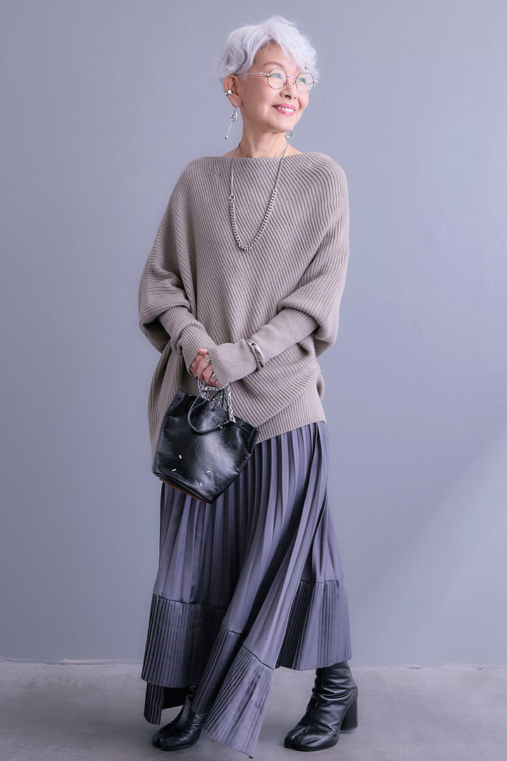 【SET】アシンメトリーボートネックドルマンニット+アシンメトリープリーツスカート(2set)