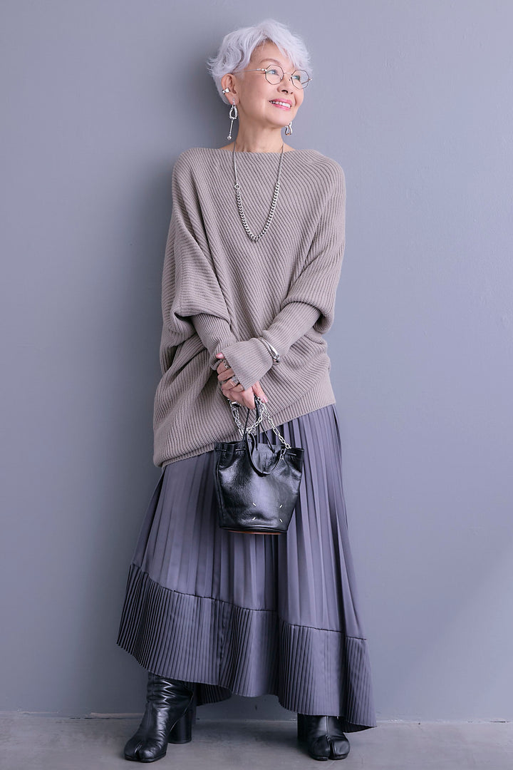 【SET】アシンメトリーボートネックドルマンニット+アシンメトリープリーツスカート(2set)