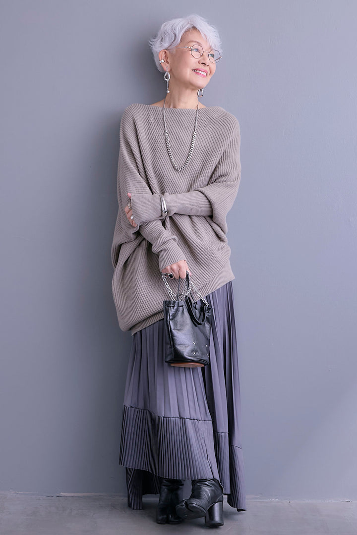 【SET】アシンメトリーボートネックドルマンニット+アシンメトリープリーツスカート(2set)