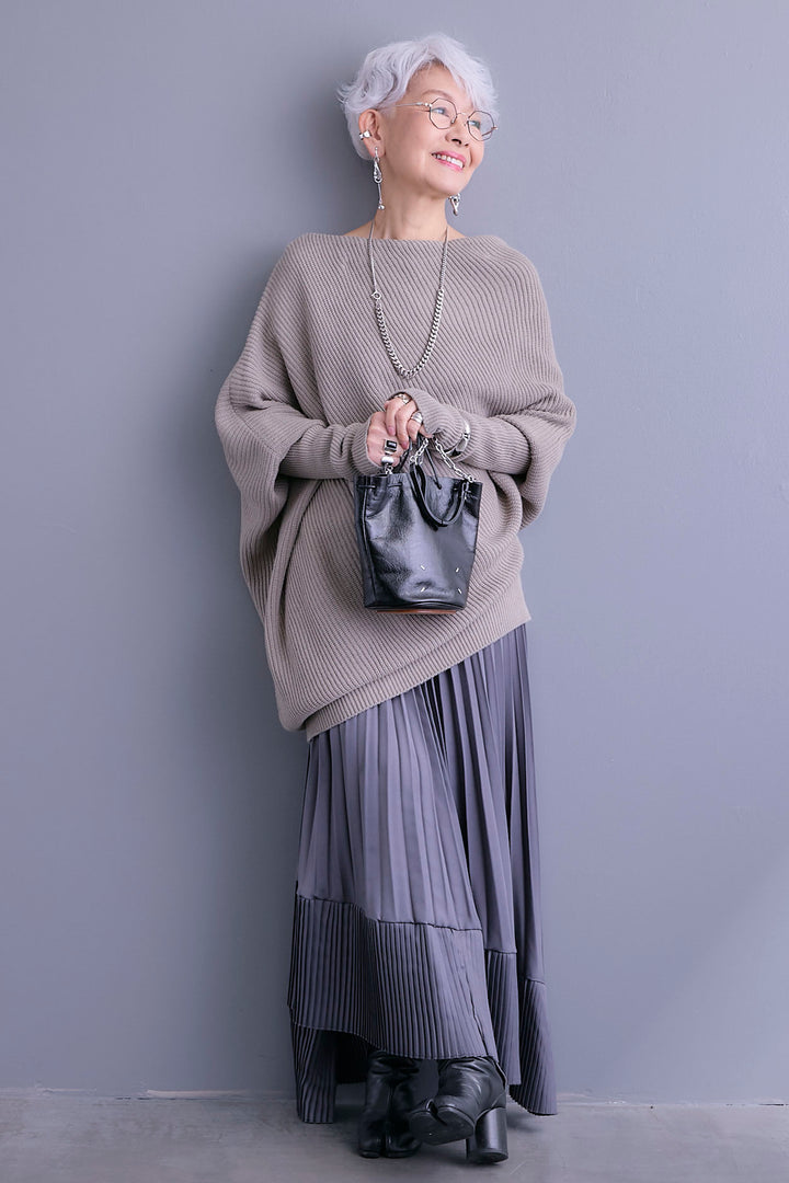 【SET】アシンメトリーボートネックドルマンニット+アシンメトリープリーツスカート(2set)