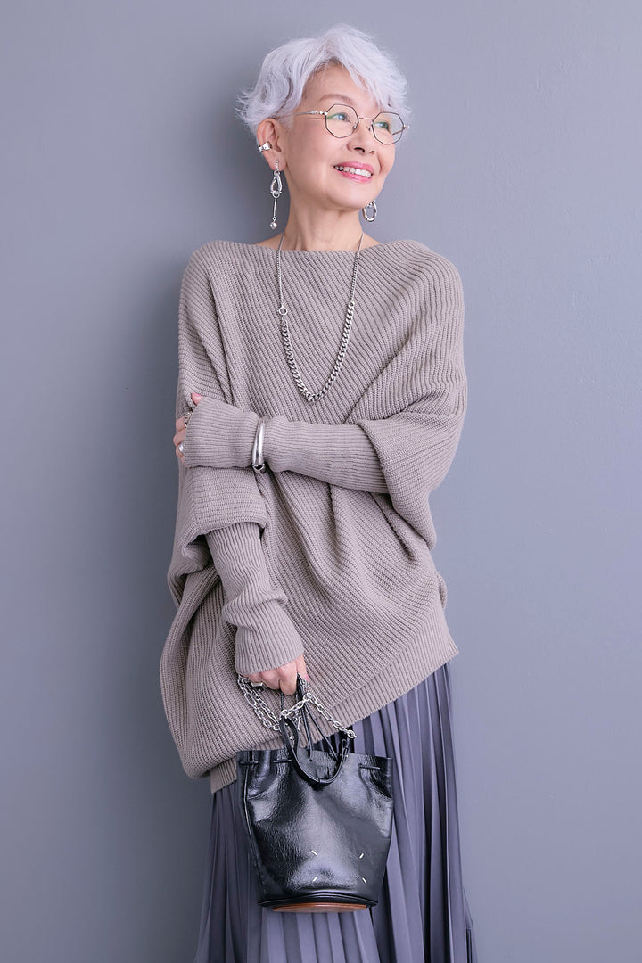 【SET】アシンメトリーボートネックドルマンニット+アシンメトリープリーツスカート(2set)