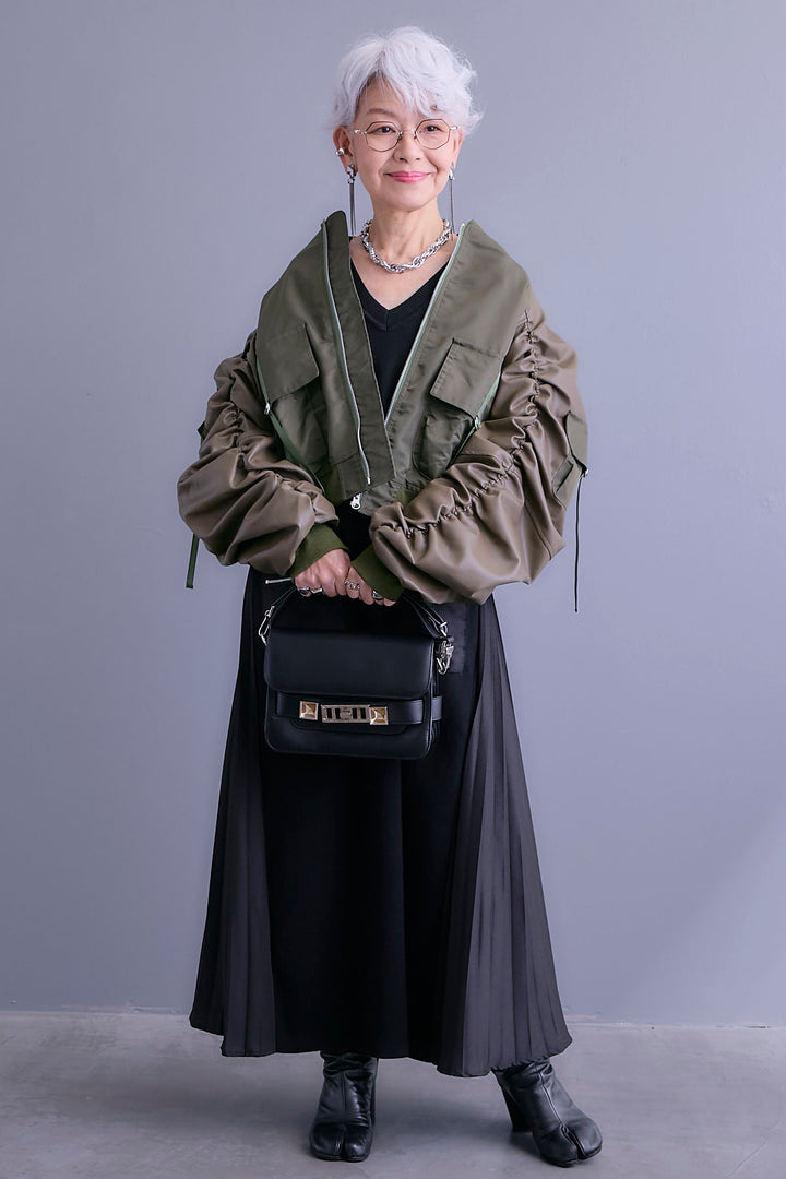 【SET】エコレザーシャーリングスリーブMA-1ブルゾン+ZIPポケットサイドプリーツニットワンピース(2set)