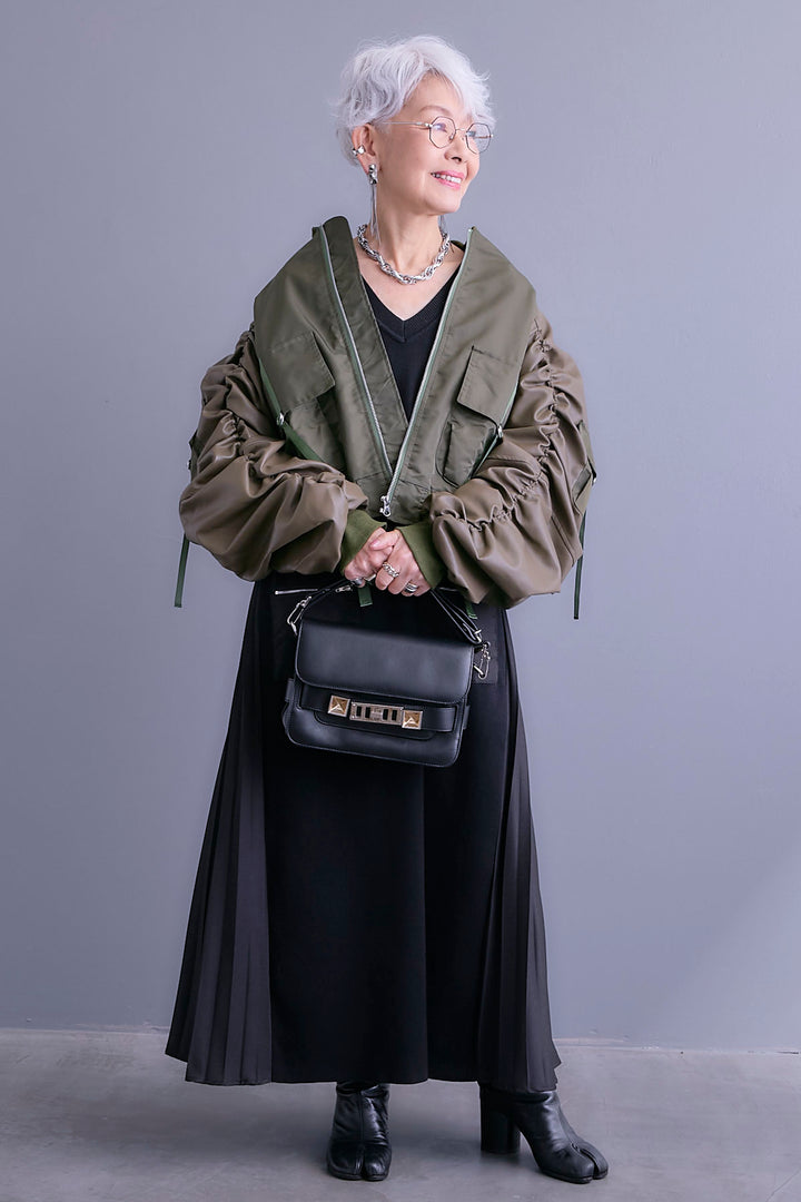 【SET】エコレザーシャーリングスリーブMA-1ブルゾン+ZIPポケットサイドプリーツニットワンピース(2set)