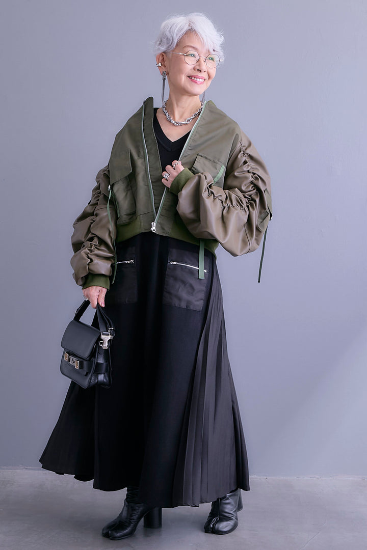 【SET】エコレザーシャーリングスリーブMA-1ブルゾン+ZIPポケットサイドプリーツニットワンピース(2set)