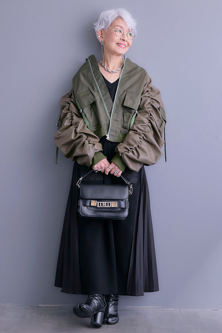 【SET】エコレザーシャーリングスリーブMA-1ブルゾン+ZIPポケットサイドプリーツニットワンピース(2set)